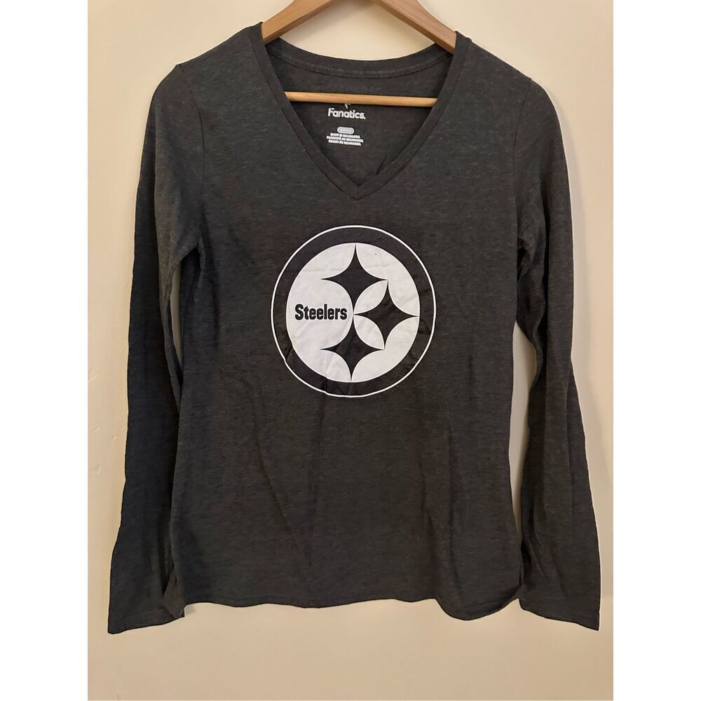 Fanatics NFL Pittsburgh Steelers Gray and White Womens V Neck Top Size Small